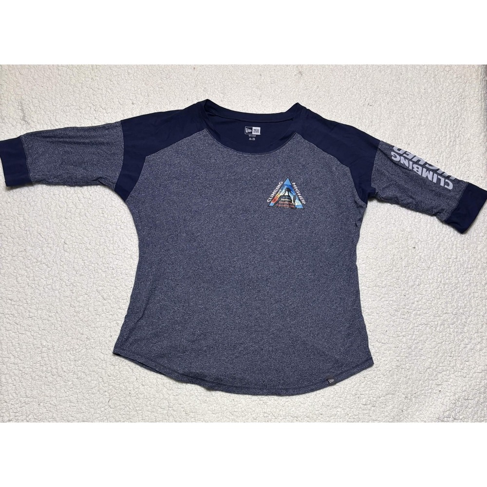 New Era Womens Graphic Tee Blue Raglan 3/4 Sleeve Shirt XL Climbing Higher